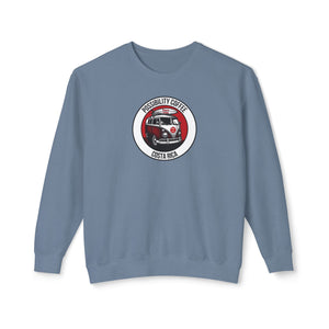 Costa Rica Pura Vida Blue sweatshirt with a graphic design of van and surfboard on a white background