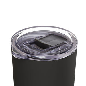 Black tumbler with a clear lid on a white background