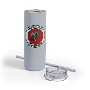 Gray tumbler with a logo featuring an elephant and text on a white background