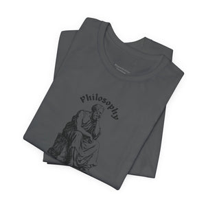 Dark gray t-shirt with 'Philosophy' text and classical sculpture graphic on a white background
