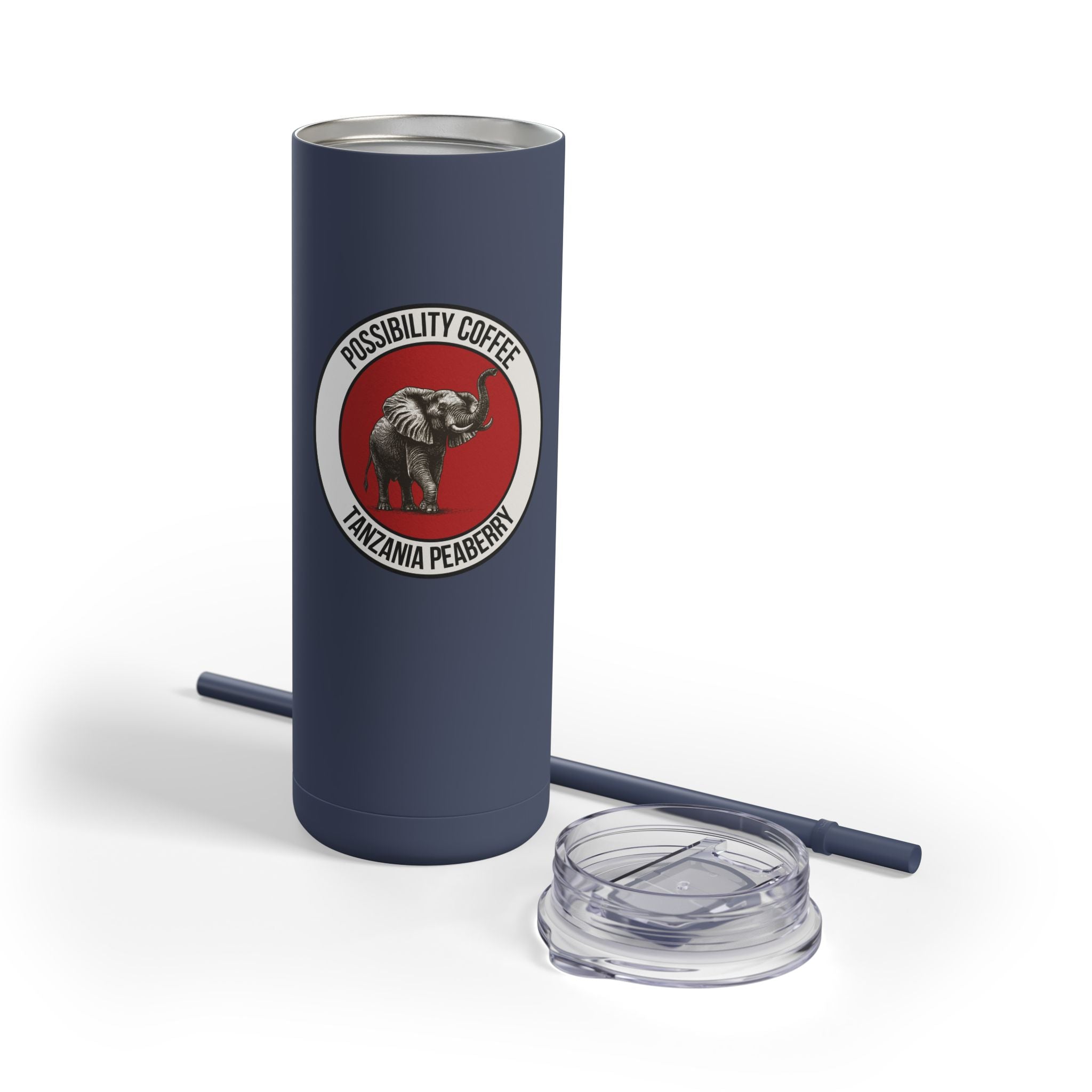 Navy blue tumbler with a red and white logo featuring an elephant, on a white background.