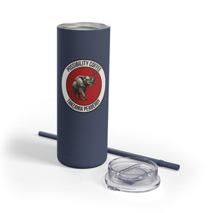Navy blue tumbler with a red and white logo featuring an elephant, on a white background.
