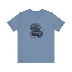 Before Coffee Bearded Dragon Blue t-shirt with a graphic of a bearded dragon and text on a white background