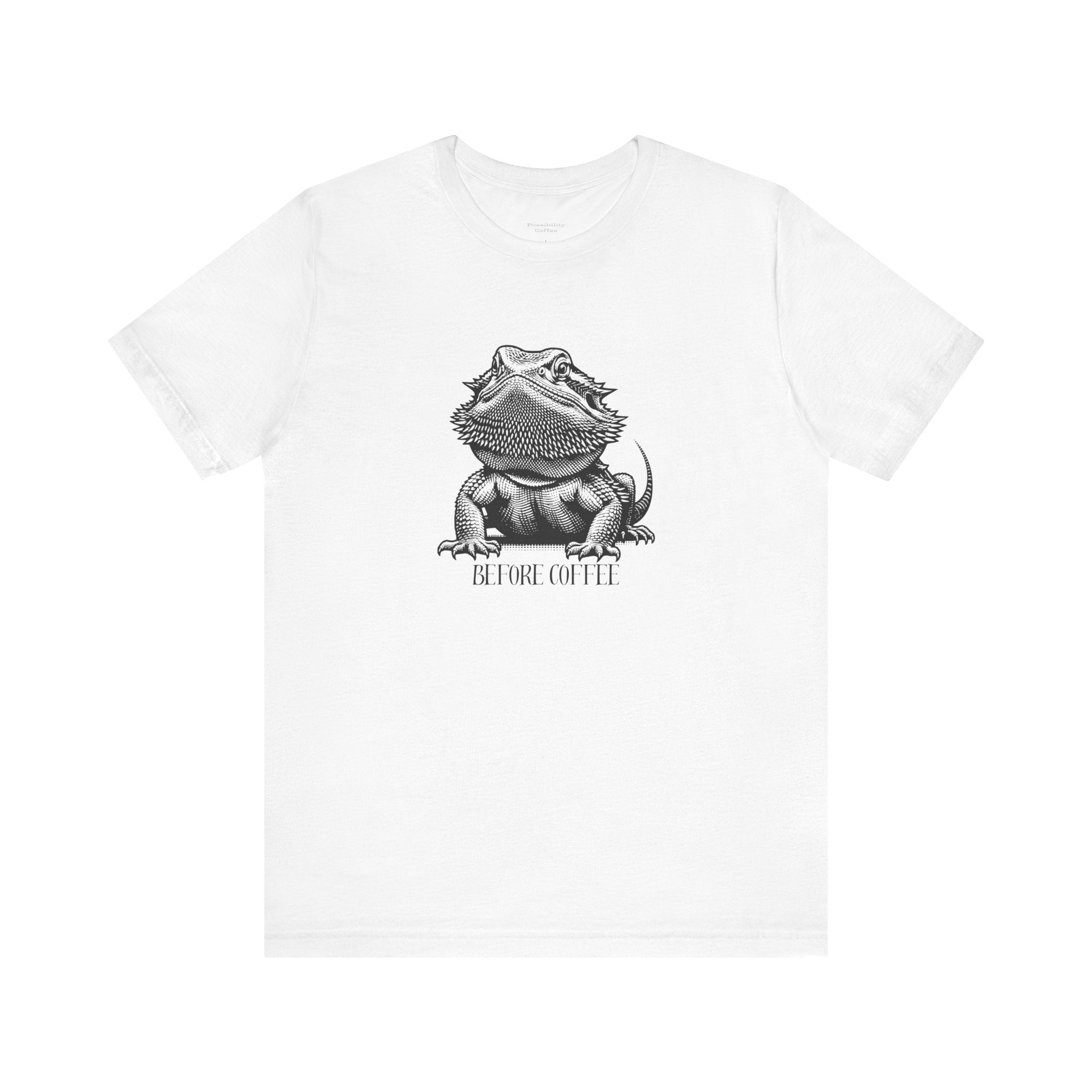 Before Coffee Bearded Dragon White t-shirt with a black bearded dragon graphic and text on a white background