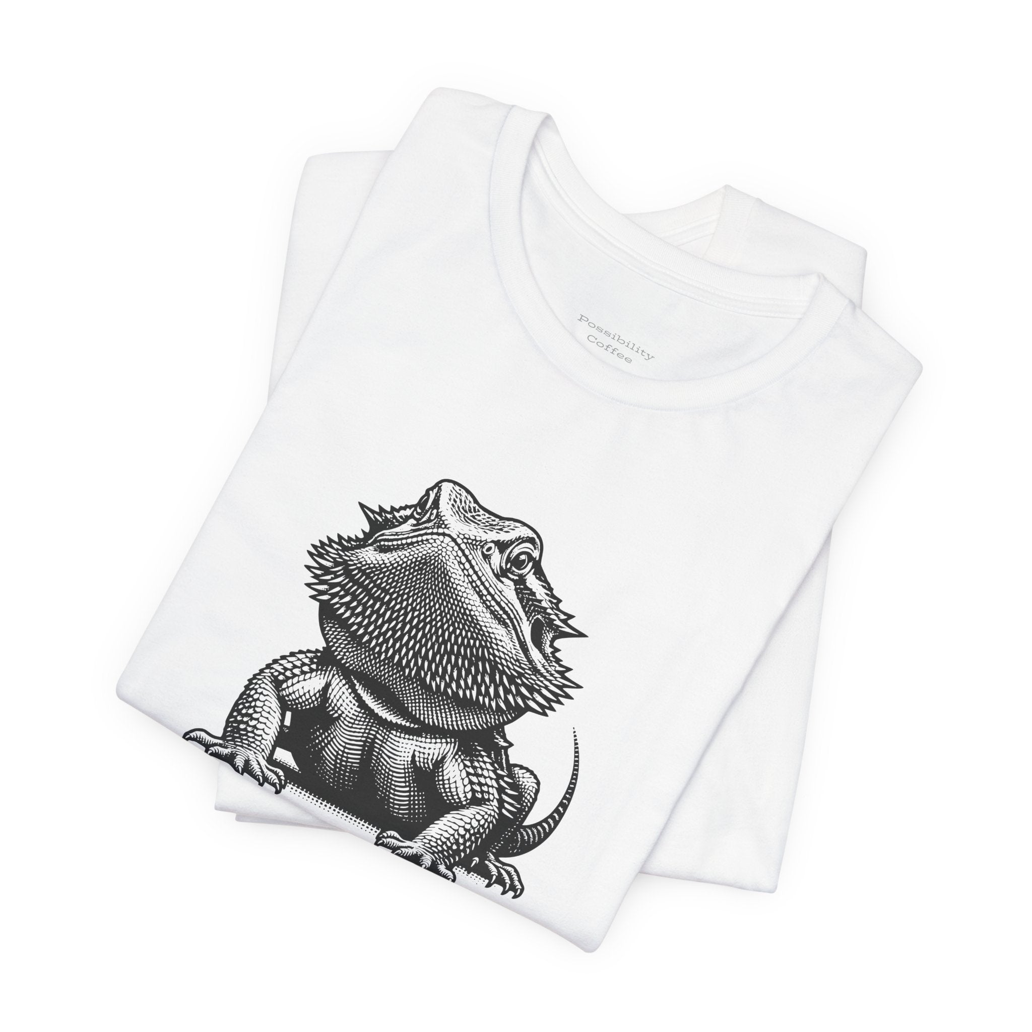 Before Coffee Bearded Dragon White tank top with a black and white graphic of a bearded dragon on a white background