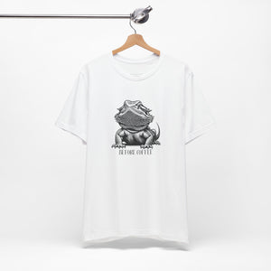 Before Coffee Bearded Dragon White t-shirt with a graphic of a bearded dragon and text 'Before Coffee' on a white background