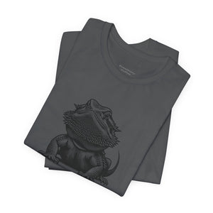 Before Coffee Bearded Dragon Dark gray t-shirt with a bearded dragon graphic on a white background