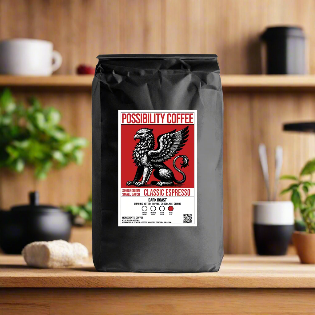 A back of Possibility Coffee Classic Espresso Dark Roasted Single Origin Small Batch Roasted Speciality Grade coffee beans on wood table in a kitchen