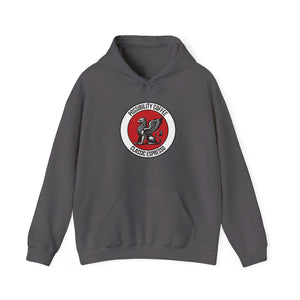 Classic Espresso Griffin Gray hoodie with a red and white logo on a white background