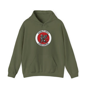 Classic Espresso Military Green hoodie with a red and white logo on a white background