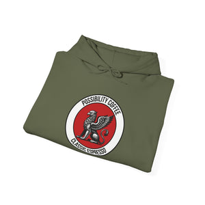 Classic Espresso Military Green Folded green hoodie with a red and white logo on a white background
