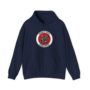 Classic Espresso Navy blue hoodie with a red and white logo on a white background