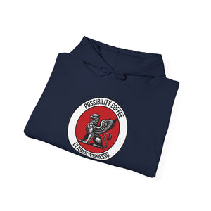 Classic Espresso Griffin Navy blue hoodie with a red and white logo on a white background