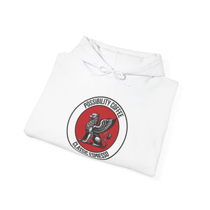 Classic Espresso Griffin Folded white hoodie with a red and black logo on a white background
