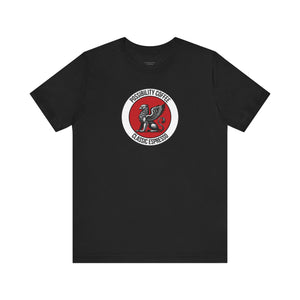 Classic Espresso Griffin Black t-shirt with a red and white logo on a white background