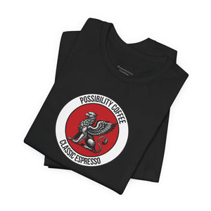Classic Espresso Griffin Black t-shirt with a red and white logo on a white background