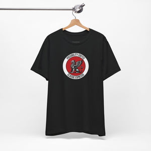 Classic Espresso Griffin Black t-shirt with a red and white logo on a hanger against a white background