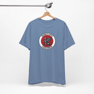 Classic Espresso Griffin Blue t-shirt with a logo on a hanger against a white background