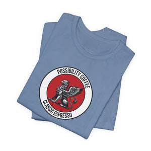 Classic Espresso Griffin Folded blue t-shirt with a red and white logo on a white background