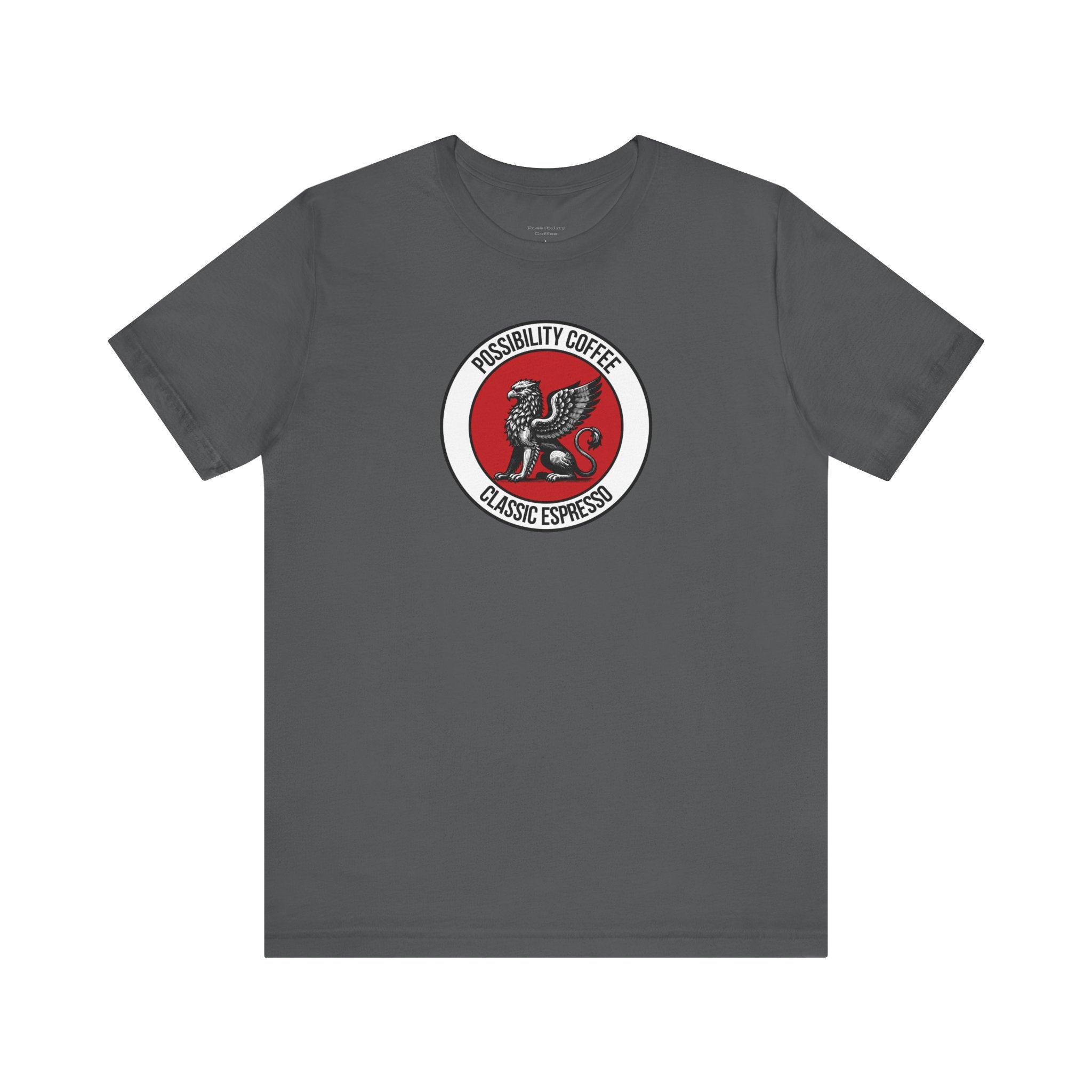 Classic Espresso Griffin Gray t-shirt with a red and white logo on a white background