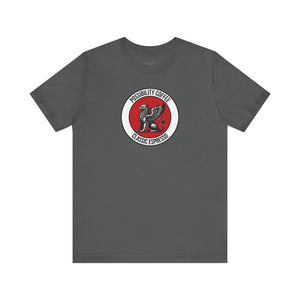 Classic Espresso Griffin Gray t-shirt with a red and white logo on a white background