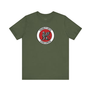 Classic Espresso Griffin Green t-shirt with a red and white logo on a white background