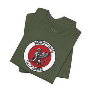 Classic Espresso Griffin Folded green t-shirt with a red and white logo on a white background