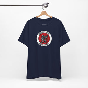 Classic Espresso Griffin Navy blue t-shirt with a red and white logo on a hanger against a white background