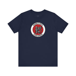 Classic Espresso Griffin Navy blue t-shirt with a red and white logo on a white background