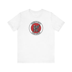Classic Espresso Griffin White t-shirt with a red and black logo on a white background
