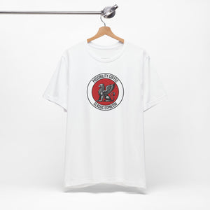 Classic Espresso Griffin White t-shirt with a red and black logo on a hanger against a white background
