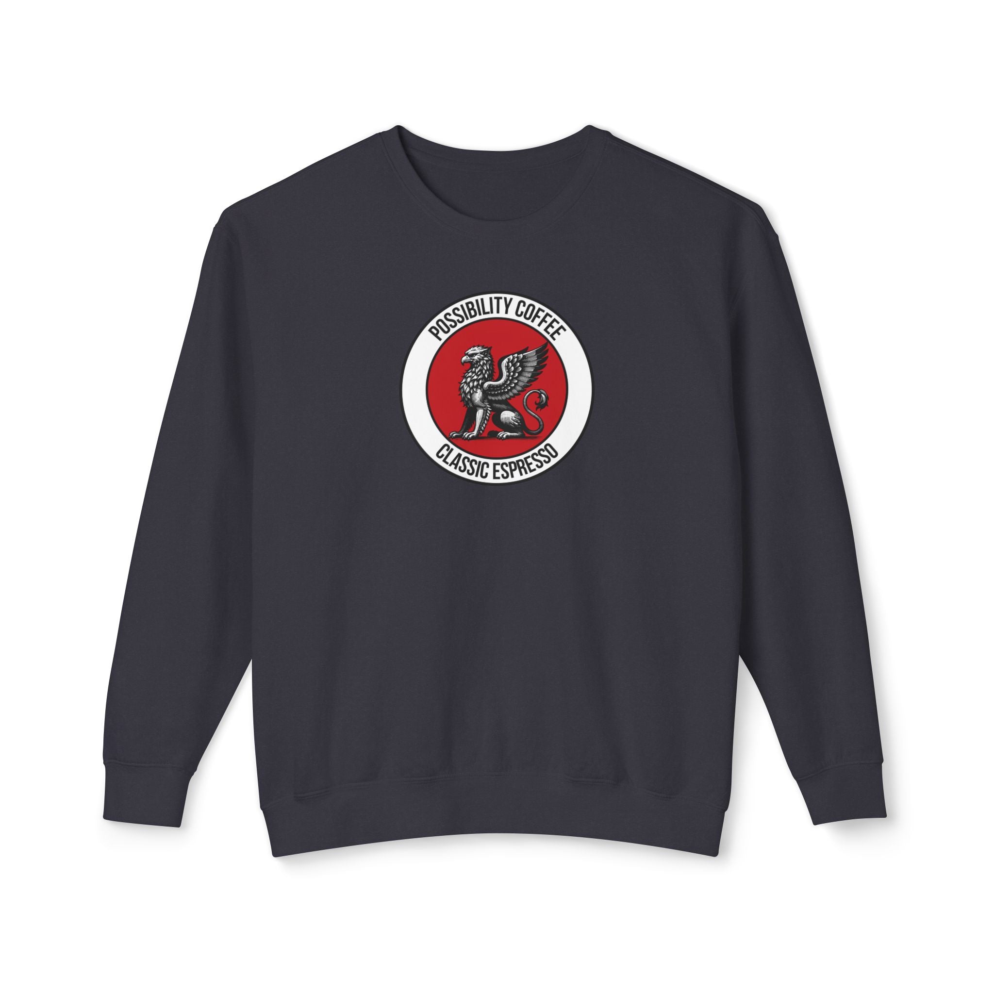 Classic Espresso Griffin Black sweatshirt with a red and white logo on a white background