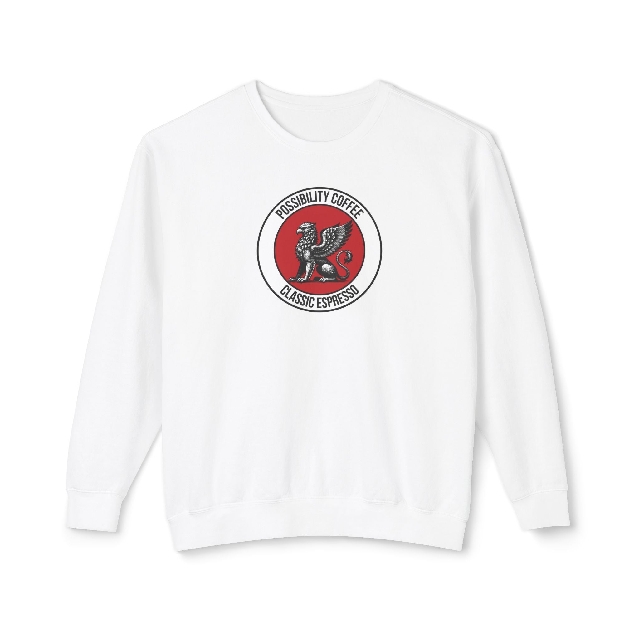 Classic Espresso Griffin White sweatshirt with a logo on the chest of griffin with text against a white background