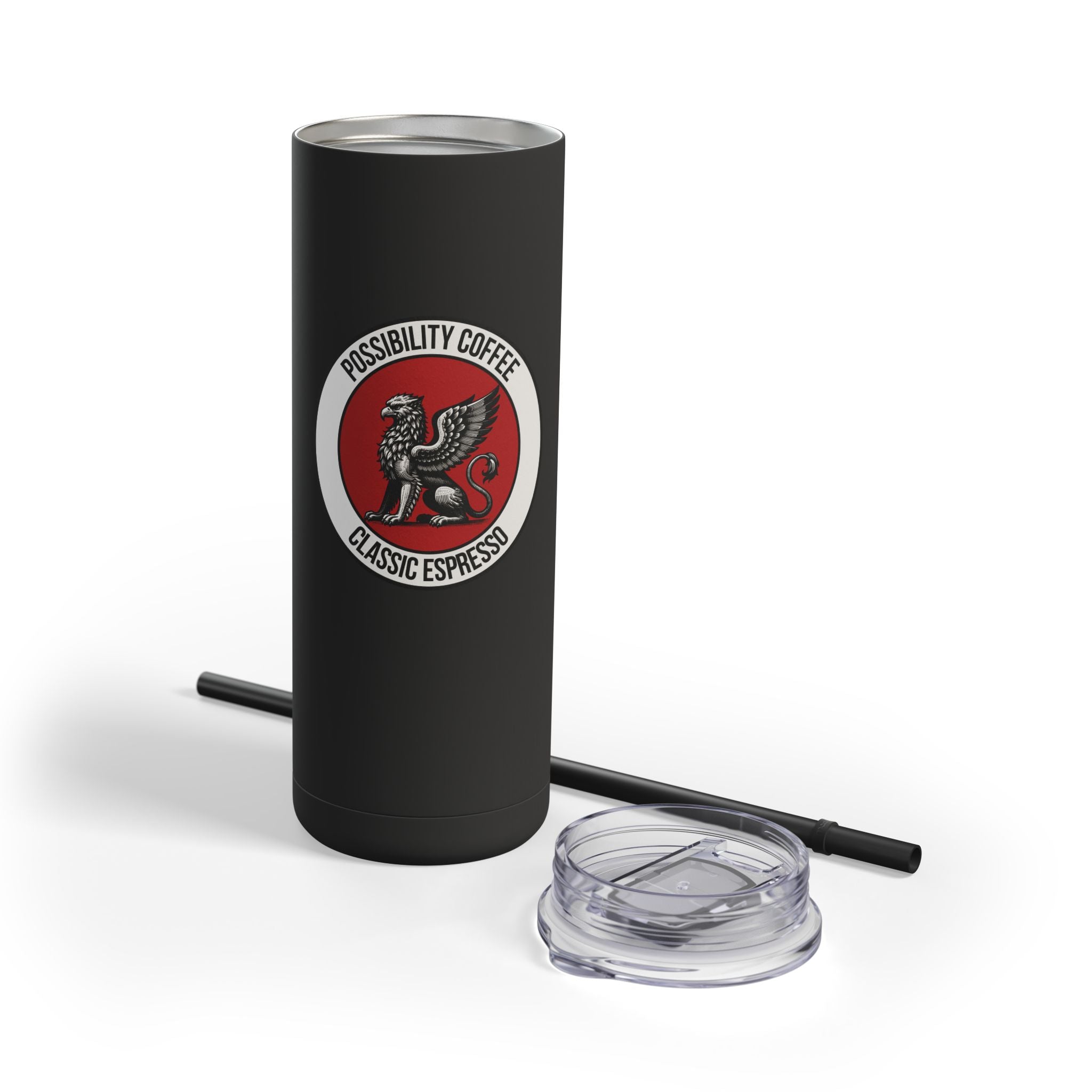 Classic Espresso Griffin Black tumbler with a red and white logo on a white background