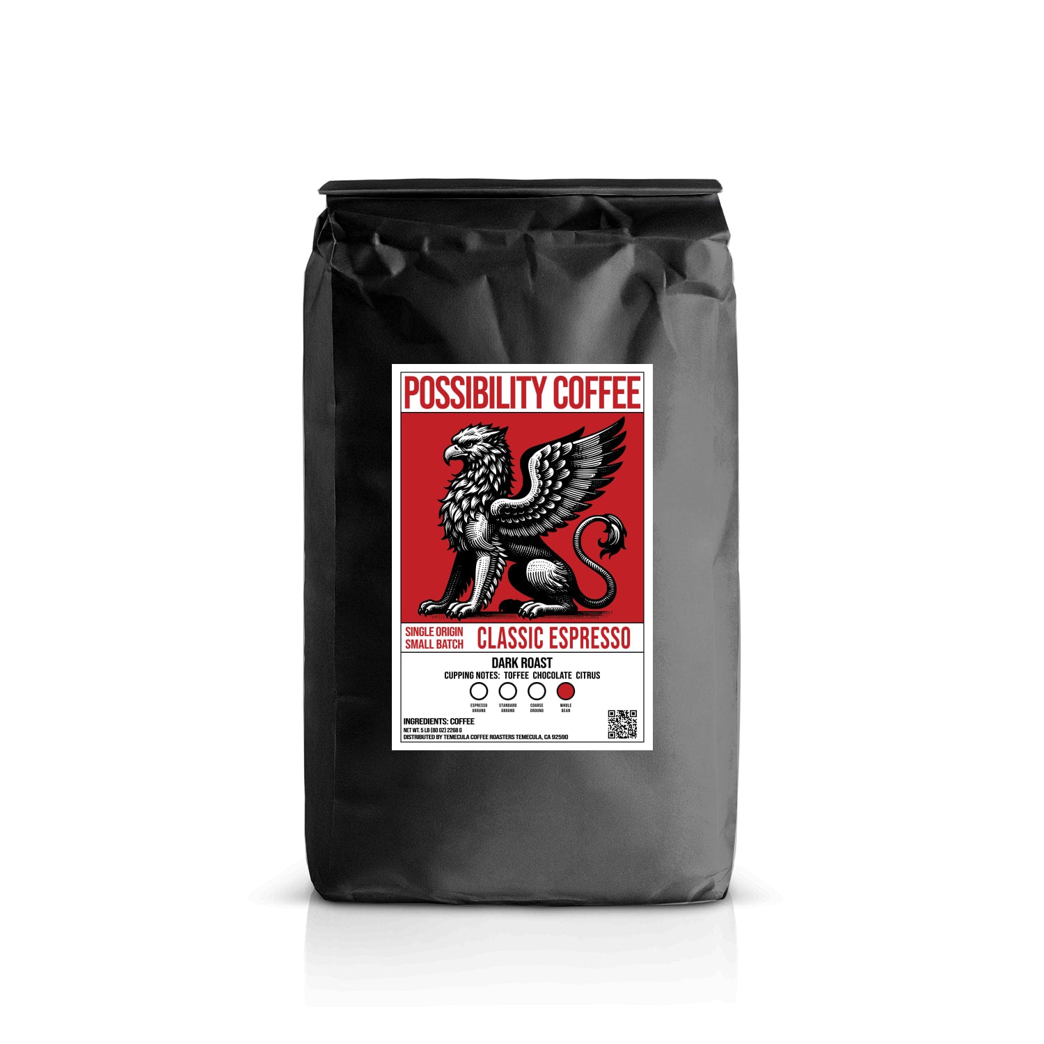 A back of Possibility Coffee Classic Espresso Dark Roasted Single Origin Small Batch Roasted Speciality Grade coffee beans with white back ground