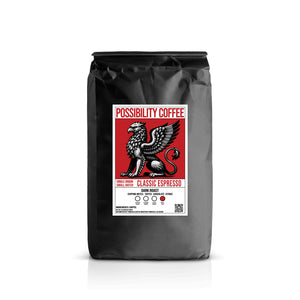 A back of Possibility Coffee Classic Espresso Dark Roasted Single Origin Small Batch Roasted Speciality Grade coffee beans with white back ground