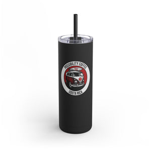 Black tumbler with a logo featuring a van and text on a white background