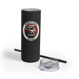 Black tumbler with a logo and text on a white background