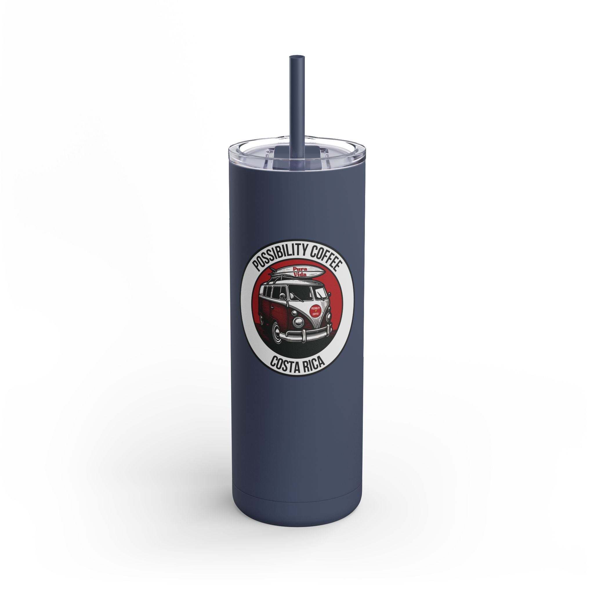 Costa Rica Pura Vida Navy blue tumbler with a logo featuring a van and surfboard and text on a white background