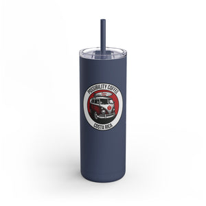 Costa Rica Pura Vida Navy blue tumbler with a logo featuring a van and surfboard and text on a white background