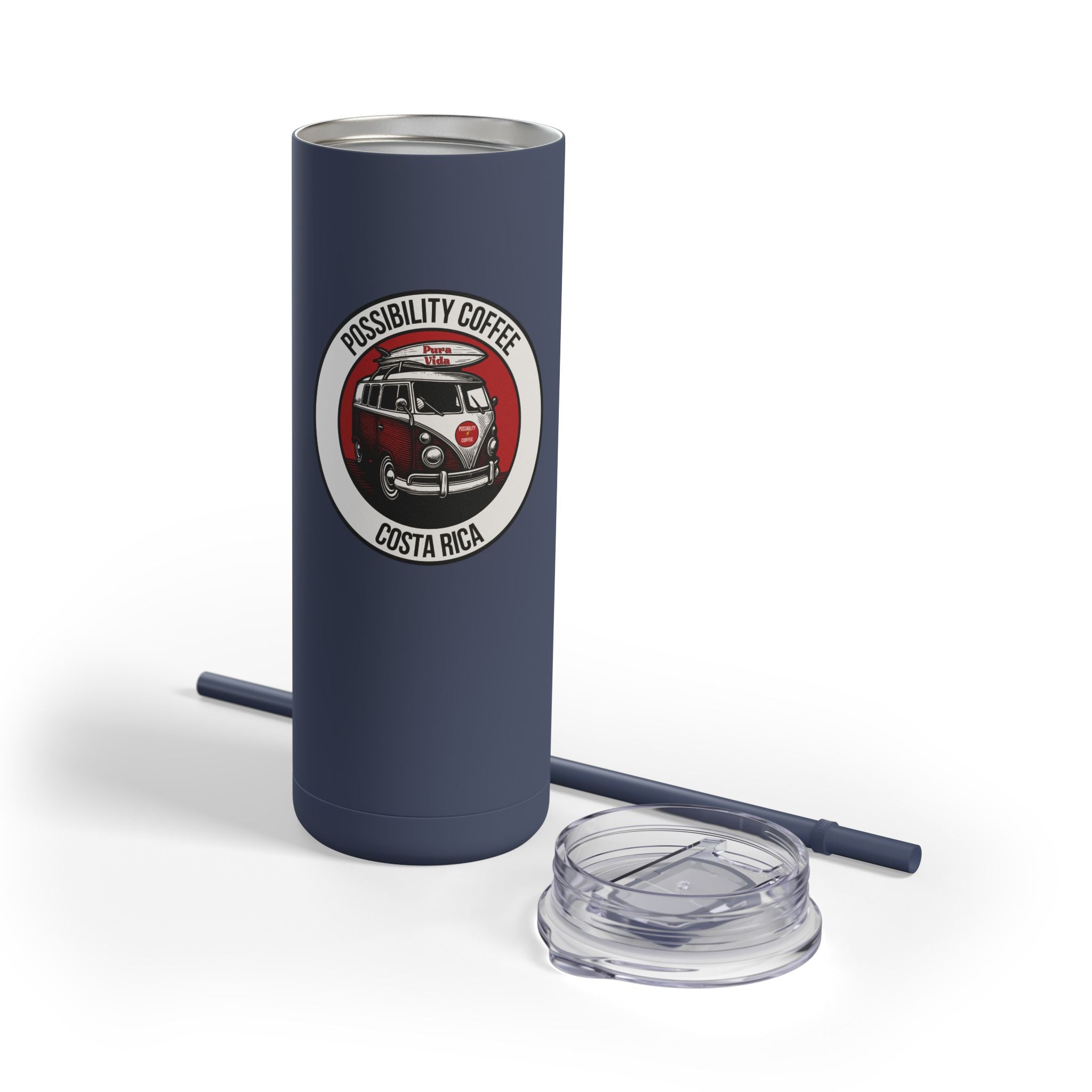 Navy blue tumbler with a logo and text on a white background