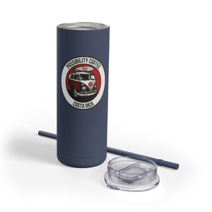 Navy blue tumbler with a logo and text on a white background