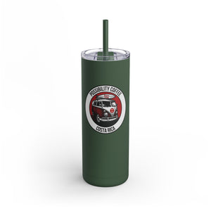 Green tumbler with a logo and text on a white background