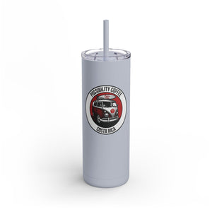 Gray tumbler with a logo and text on a white background