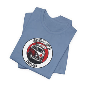 Costa Rica Pura Vida Folded blue t-shirt with a graphic design on a white background