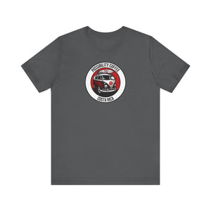 Costa Rica Pura Vida Gray t-shirt with a circular design featuring a van and Surfboard and text on a white background