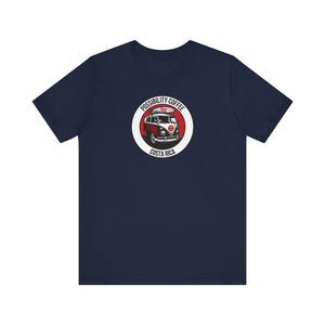 Costa Rica Pura Vida Navy blue t-shirt with a graphic of a van and surfboard and text on a white background