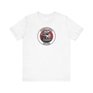 Costa Rica Pura Vida White t-shirt with a van and surf board graphic design on a white background