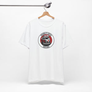 Costa Rica Pura Vida White t-shirt with a graphic design of van and surf board on a hanger against a white background