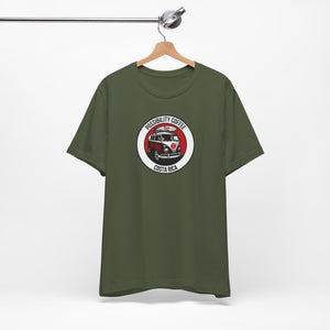 Costa Rica Pura Vida Green t-shirt with a graphic design of van and surfboard on a hanger against a white background